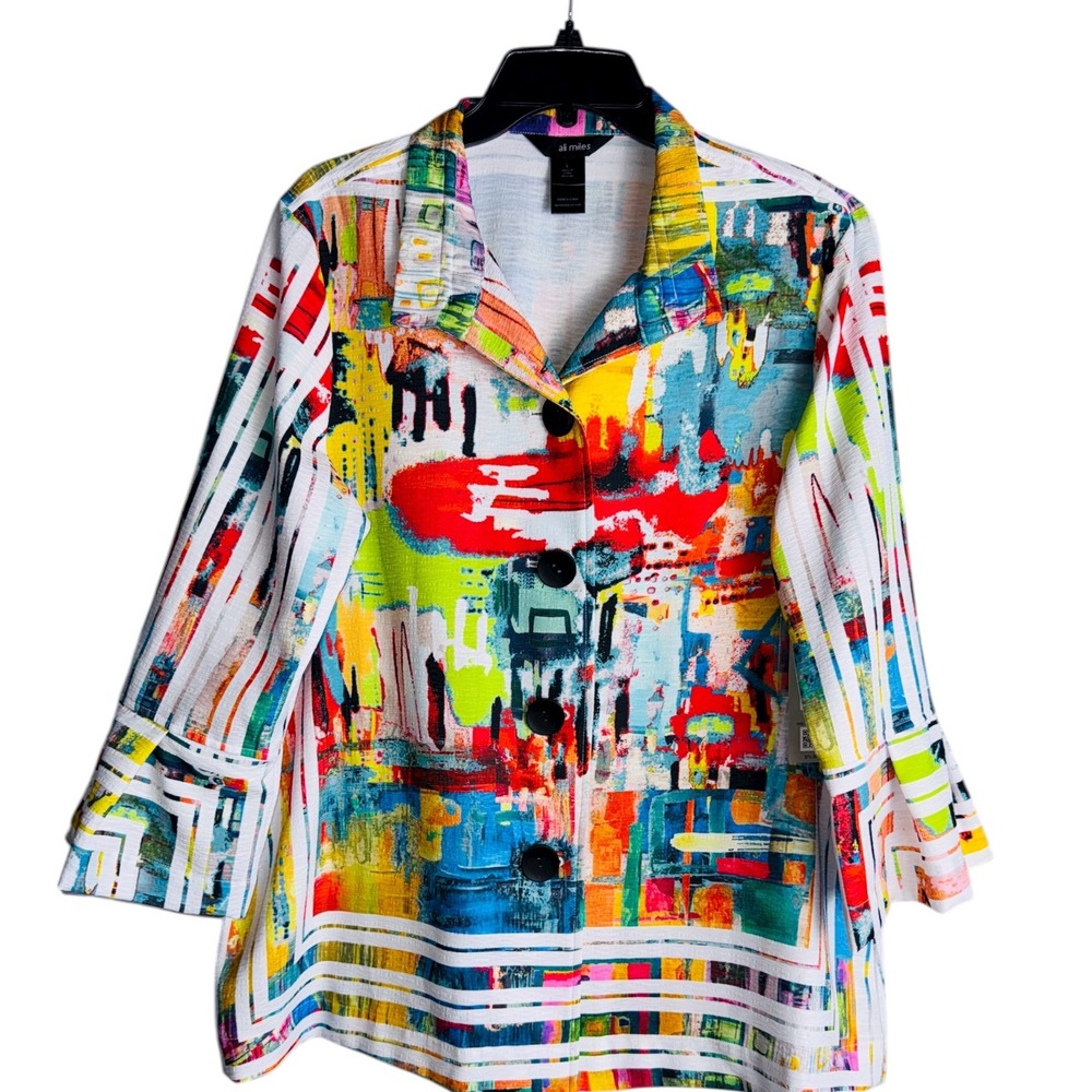 Ali Miles Womens Large White Multi‎ Color Abstract Print Large Button Jacket NWT